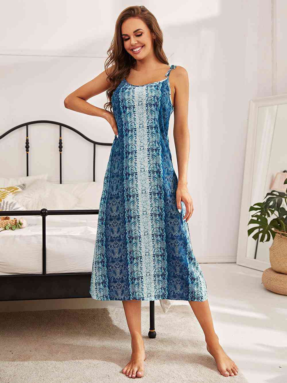 Printed Tie Shoulder Midi Night Dress - TRENDMELO