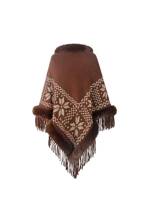 Fringe Geometric Cape Sleeve Poncho - TRENDMELO