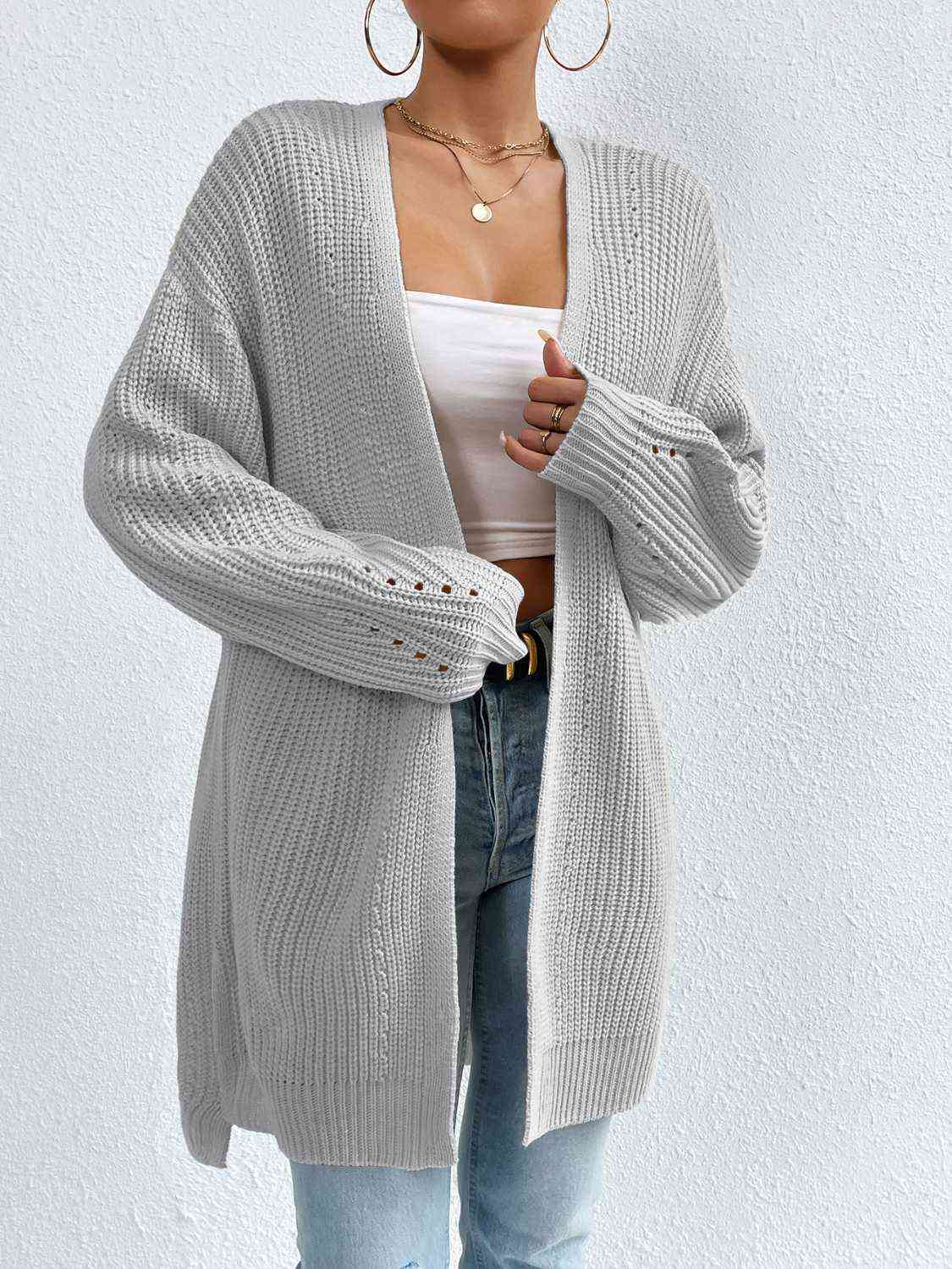 Open Front Dropped Shoulder Slit Cardigan - TRENDMELO