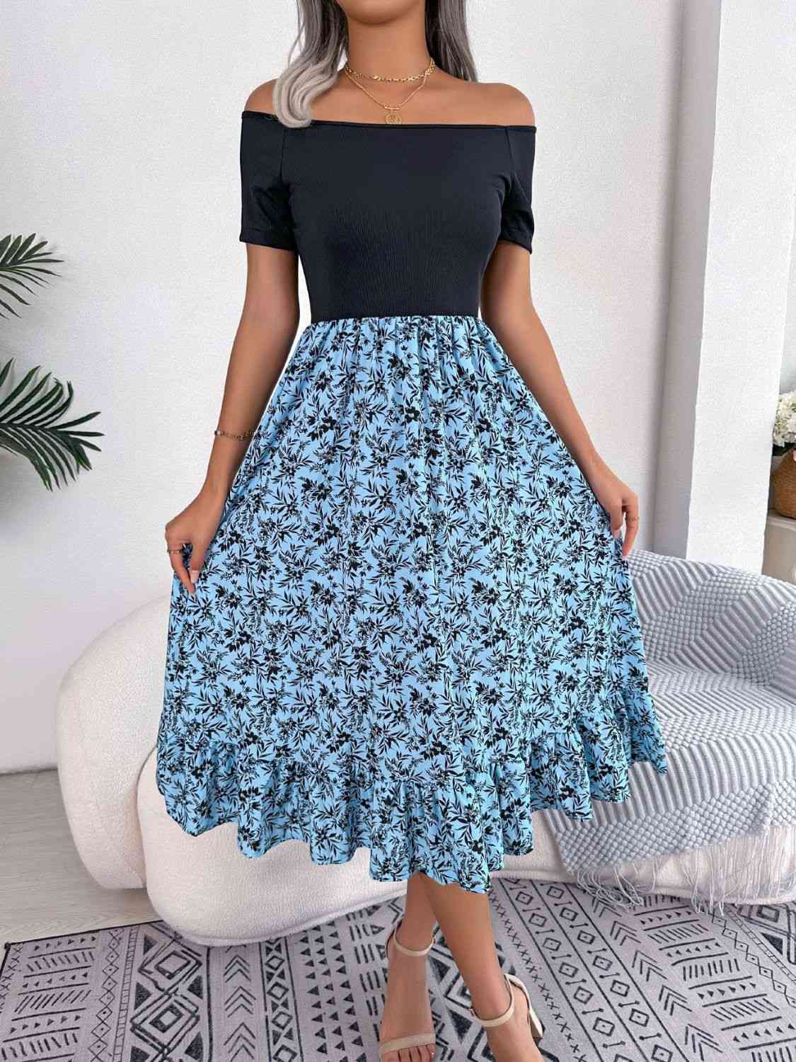 Printed Off-Shoulder Ruffle Hem Dress - TRENDMELO