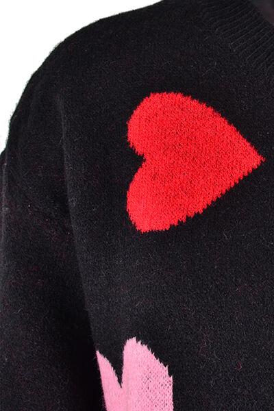 Heart Round Neck Droppped Shoulder Sweater - TRENDMELO