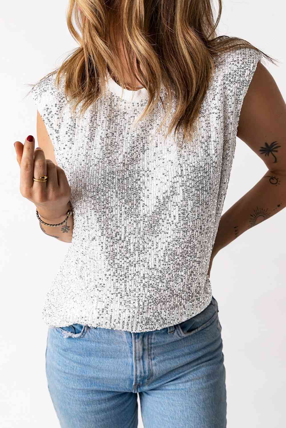 Sequin Round Neck Capped Sleeve Tank - TRENDMELO