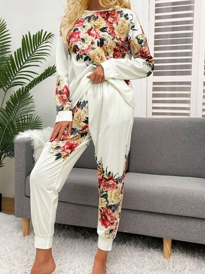 Printed Round Neck Top and Drawstring Pants Lounge Set - TRENDMELO