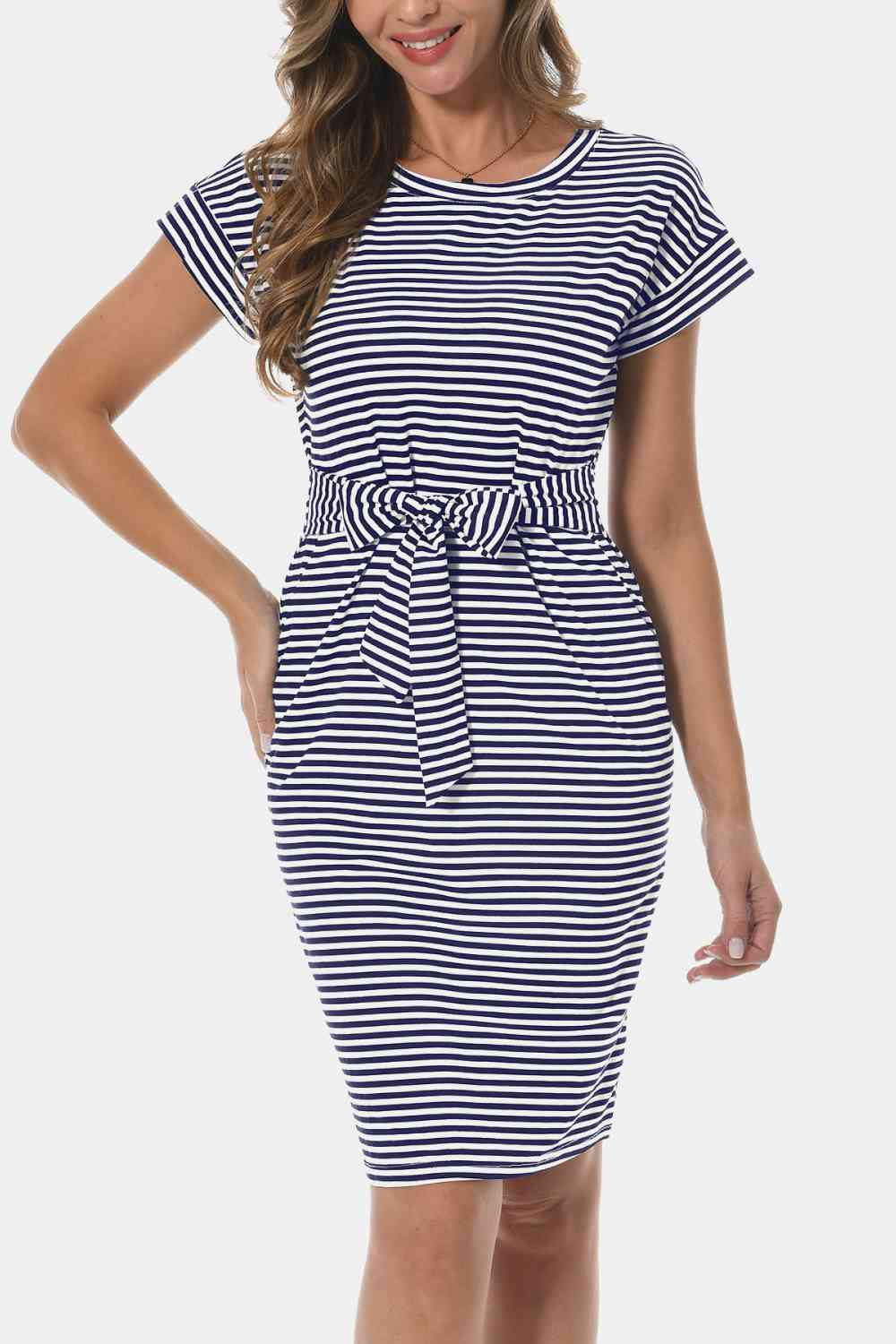 Tie Front Round Neck Short Sleeve Dress - TRENDMELO