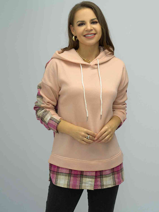 Plaid Drawstring Drop Shoulder Slit Hoodie - TRENDMELO