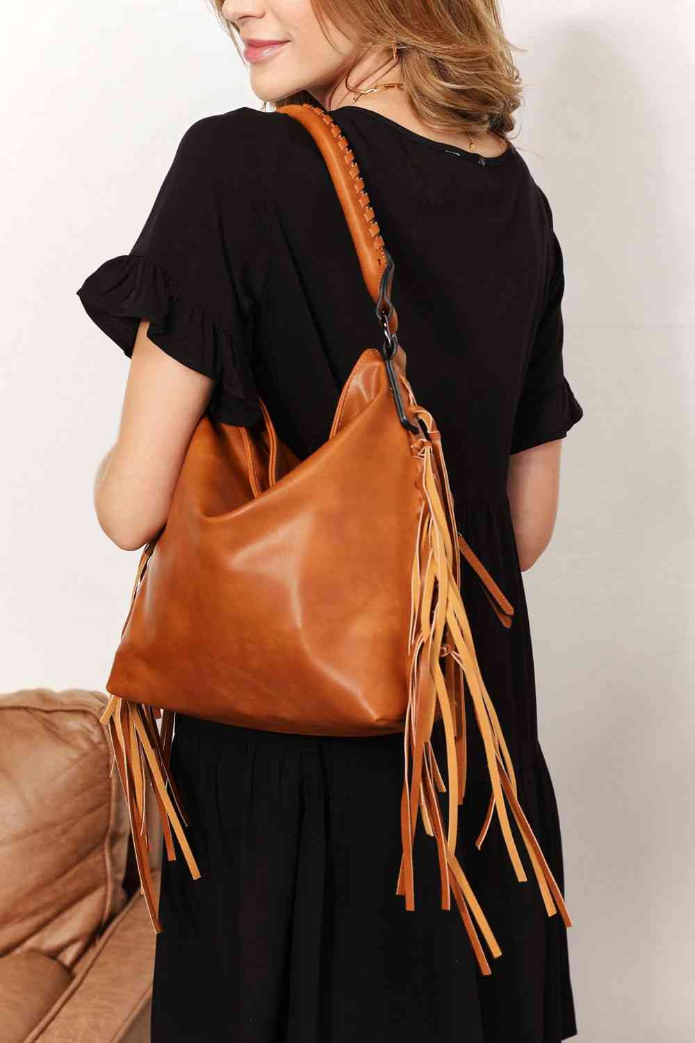 SHOMICO PU Leather Fringe Detail Shoulder Bag - TRENDMELO