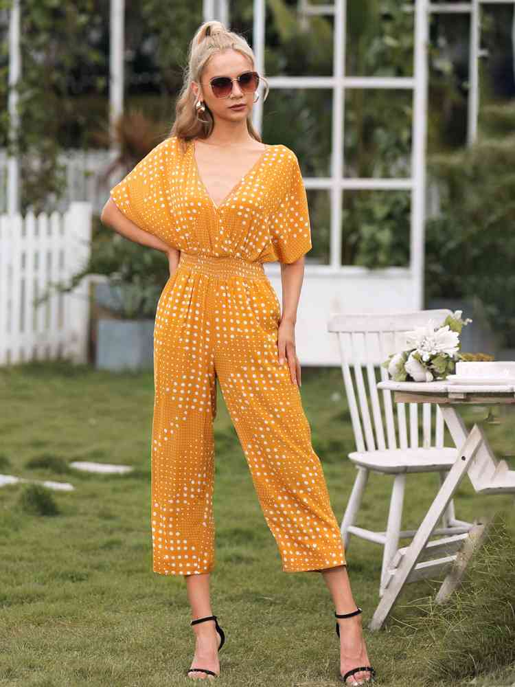 Polka Dot Surplice Neck Jumpsuit with Pockets - TRENDMELO