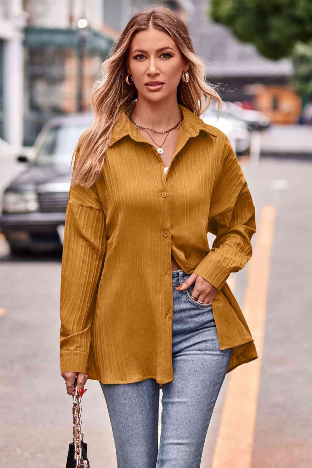 Slit Dropped Shoulder Longline Shirt - TRENDMELO