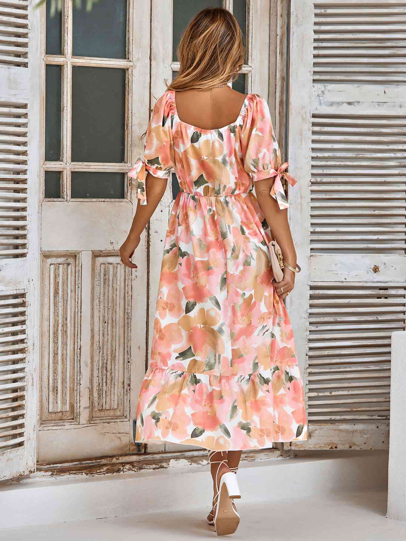 Floral Tie Cuff Surplice Neck Dress - TRENDMELO