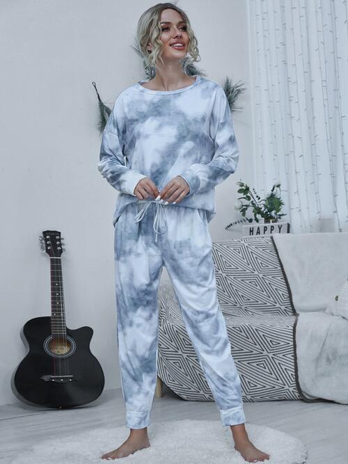 Tie-dye Round Neck Top and Drawstring Pants Lounge Set - TRENDMELO