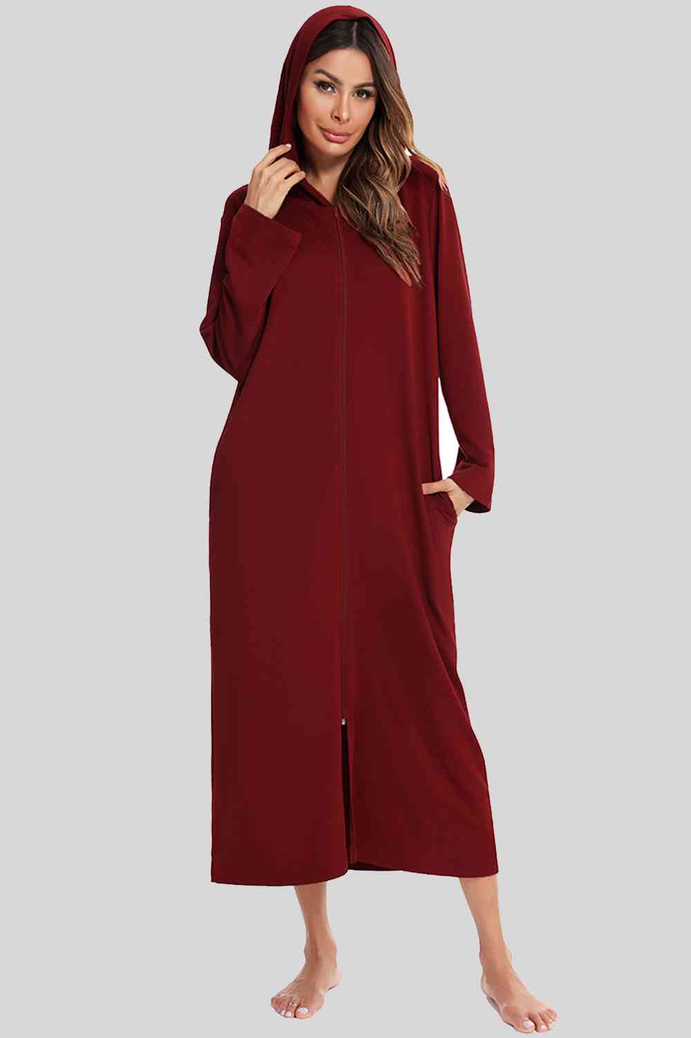 Zip Front Hooded Night Dress with Pockets - TRENDMELO