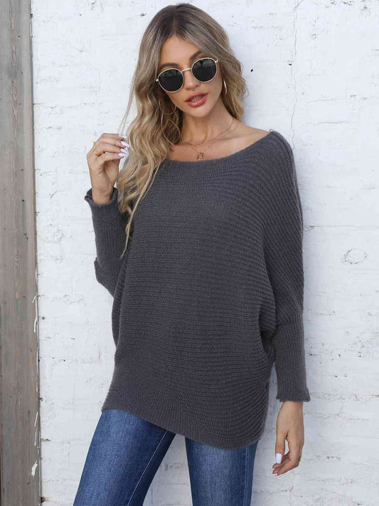 Full Size Horizontal Ribbing Dolman Sleeve Sweater - TRENDMELO