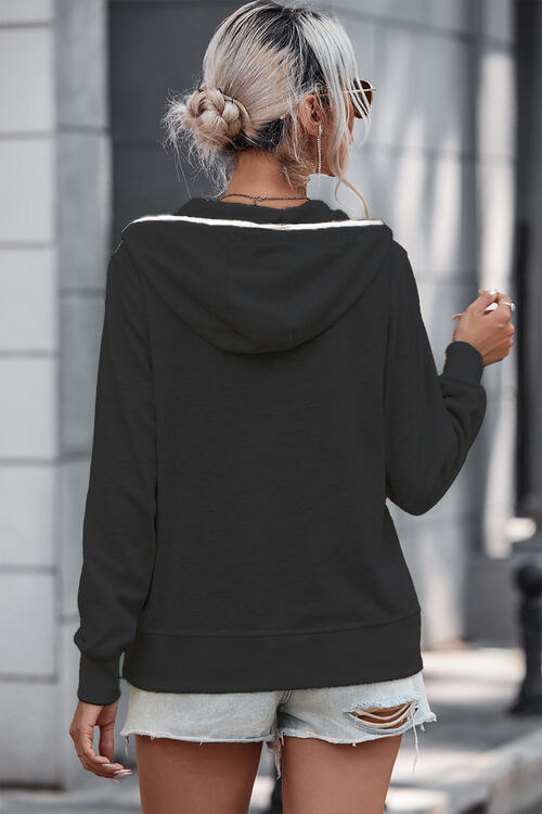 Half Button Drawstring Long Sleeve Hoodie - TRENDMELO