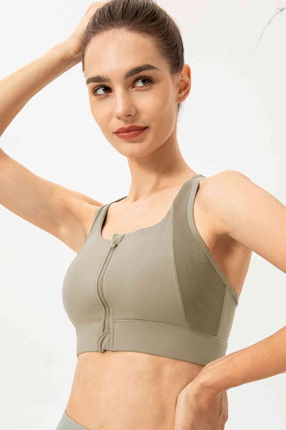 Zip-Up Round Neck Sports Bra - TRENDMELO