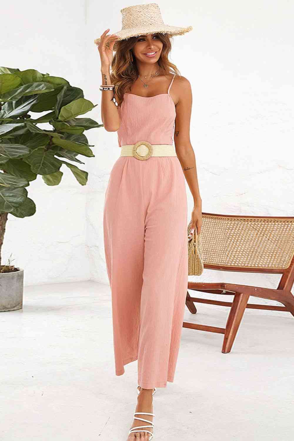 Cutout Spaghetti Strap Tie Back Wide Leg Jumpsuit - TRENDMELO