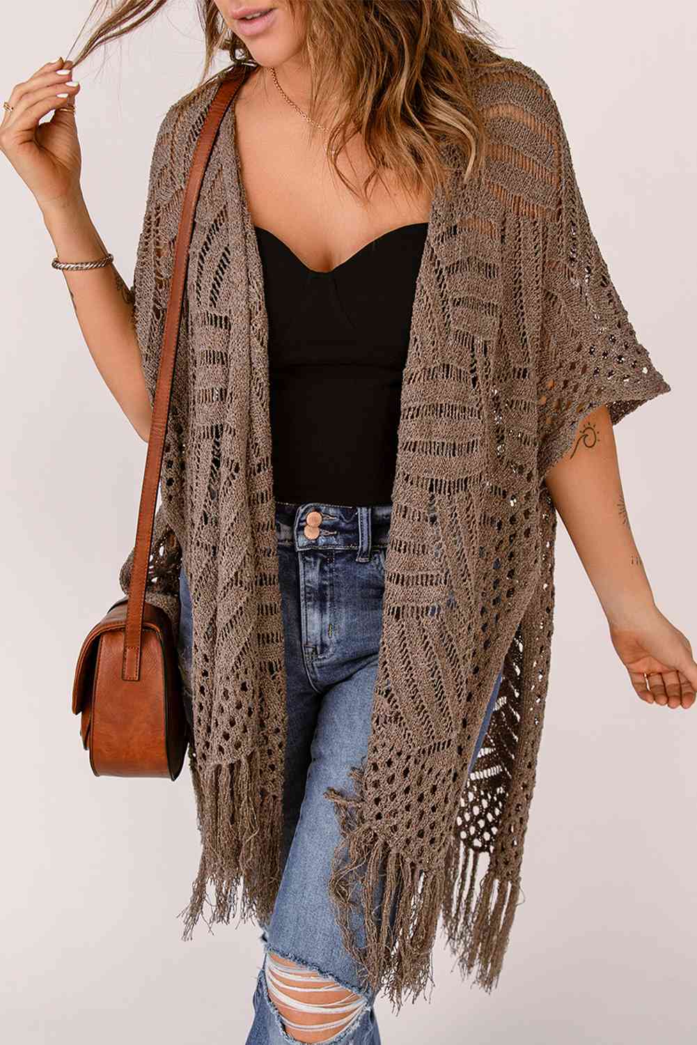 Fringe Hem Slit Open Front Cardigan - TRENDMELO