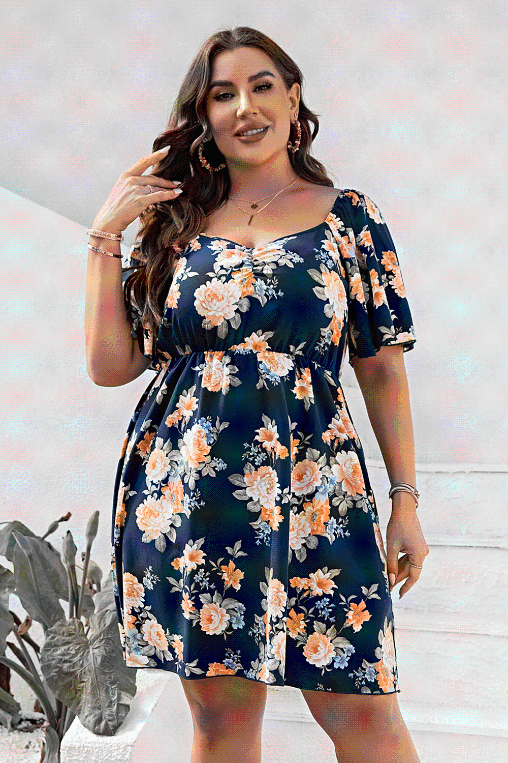 Plus Size Floral Print V-Neck Flutter Sleeve Mini Dress - TRENDMELO