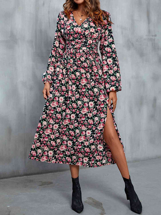 Floral V-Neck Slit Midi Dress - TRENDMELO