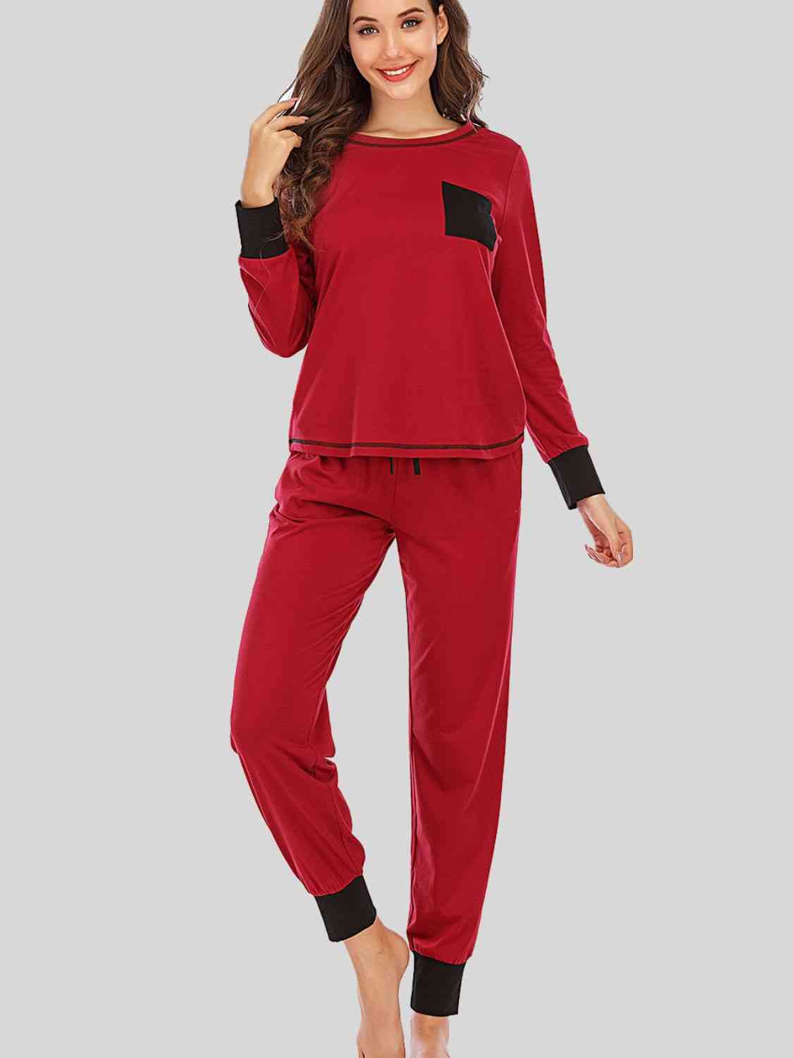 Round Neck Top and Pants Lounge Set - TRENDMELO