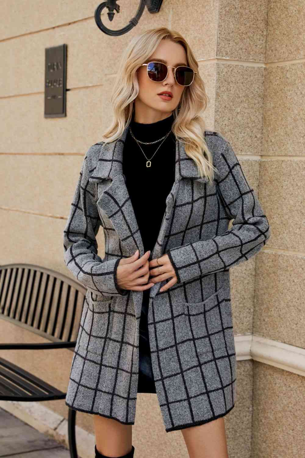 Double Take Printed Open Front Lapel Collar Cardigan with Pockets - TRENDMELO