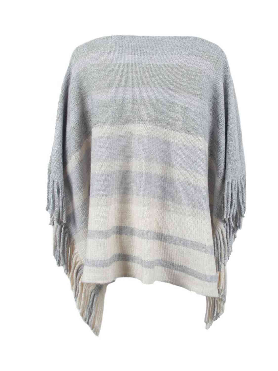 Striped Boat Neck Poncho with Fringes - TRENDMELO