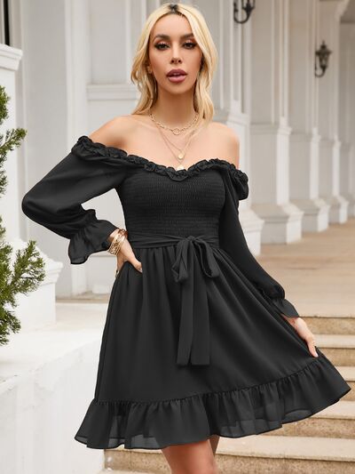 Tie Front Ruffle Hem Smocked Dress - TRENDMELO