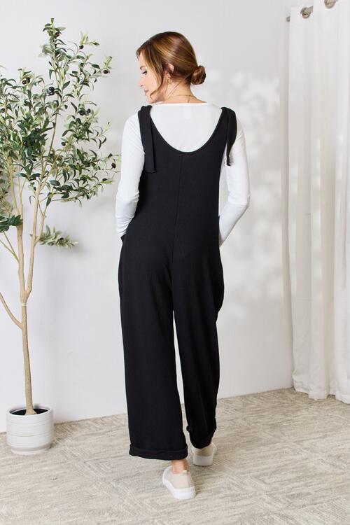 Celeste Full Size Ribbed Tie Shoulder Sleeveless Ankle Overalls - TRENDMELO