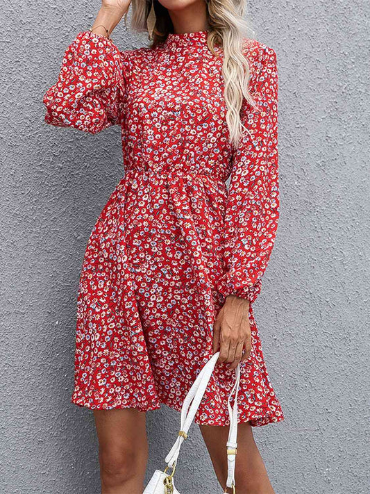 Floral Mock Neck Long Sleeve Dress - TRENDMELO