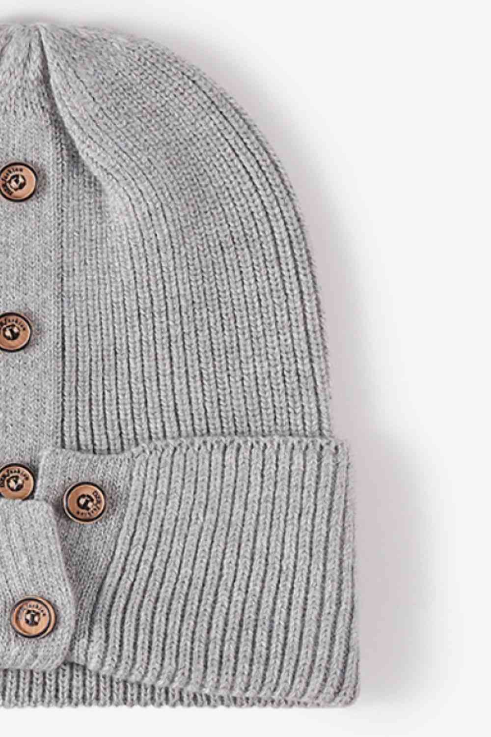 Button Detail Rib-Knit Cuff Beanie - TRENDMELO