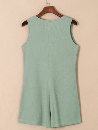 Waffle-Knit Half Button Sleeveless Romper with Pockets - TRENDMELO