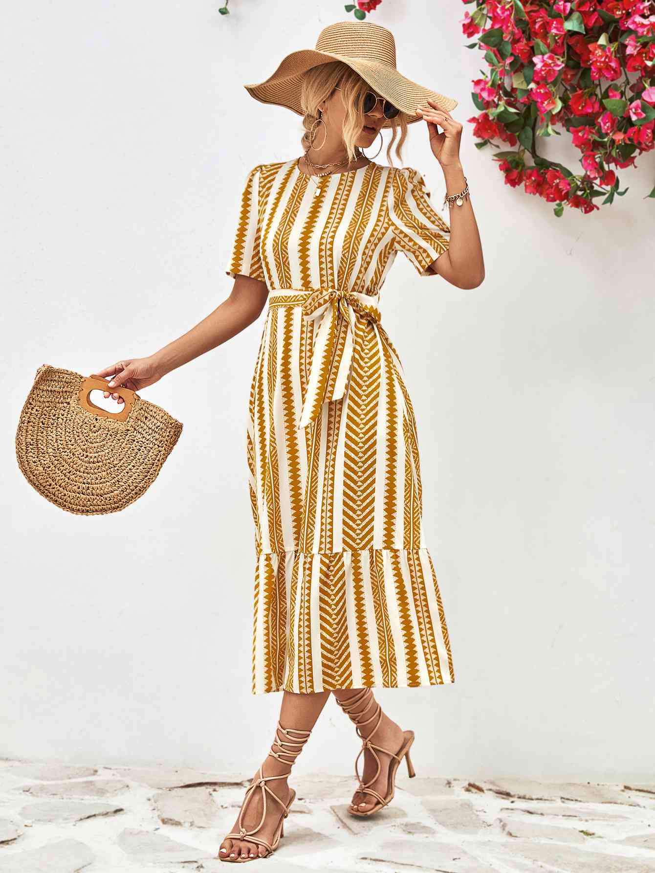 Striped Tie Belt Round Neck Puff Sleeve Dress - TRENDMELO