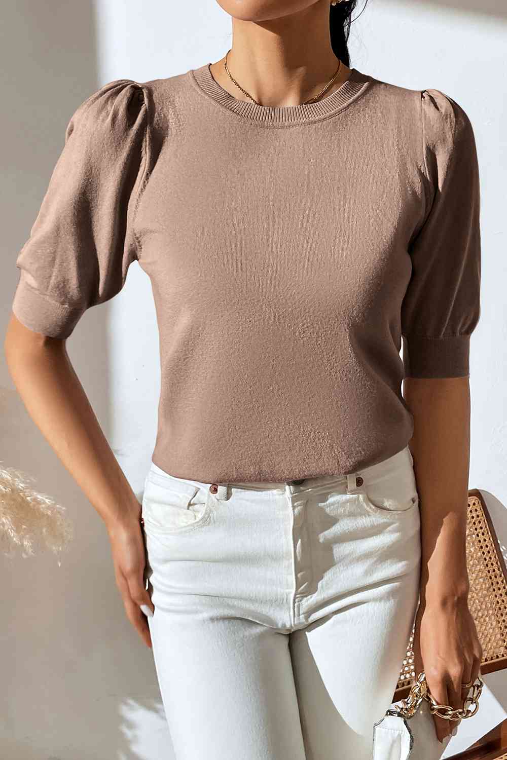 Round Neck Puff Sleeve Knit Top - TRENDMELO