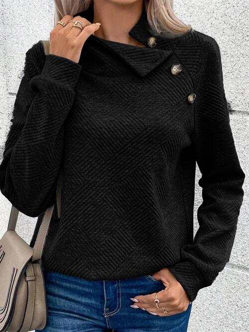 Buttoned Mock Neck Long Sleeve Sweatshirt - TRENDMELO