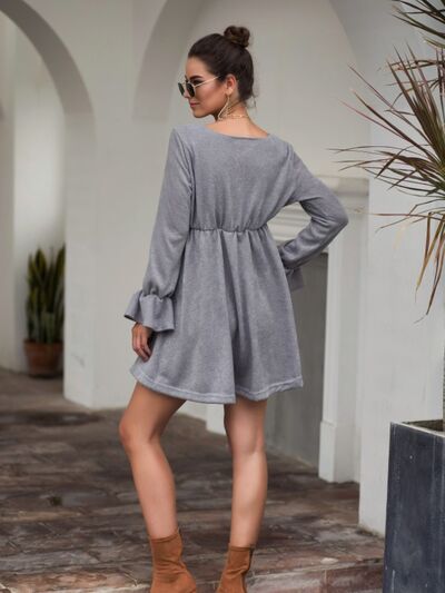 Flounce Sleeve V-Neck Mini Dress - TRENDMELO