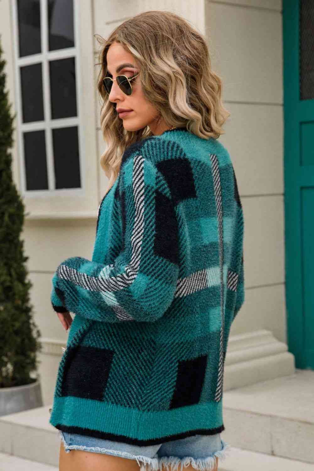 Striped Button-Front Fuzzy Cardigan - TRENDMELO