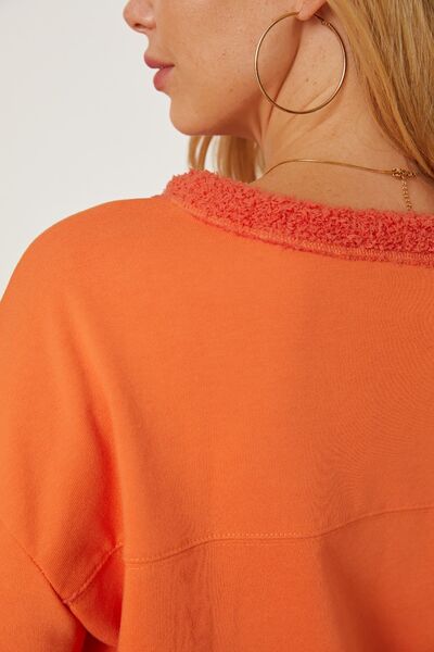 Slit Round Neck Dropped Shoulder Sweatshirt - TRENDMELO