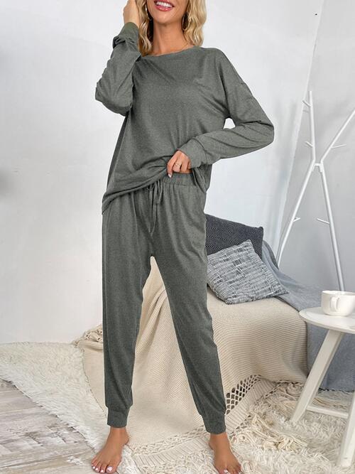 Round Neck Top and Drawstring Pants Lounge Set - TRENDMELO