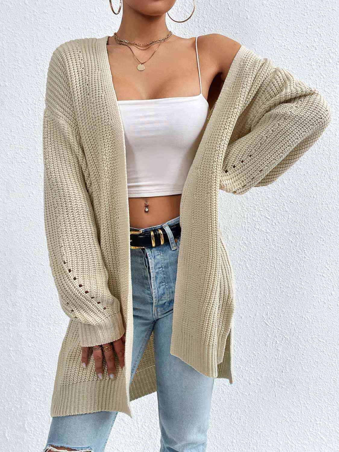 Open Front Dropped Shoulder Slit Cardigan - TRENDMELO