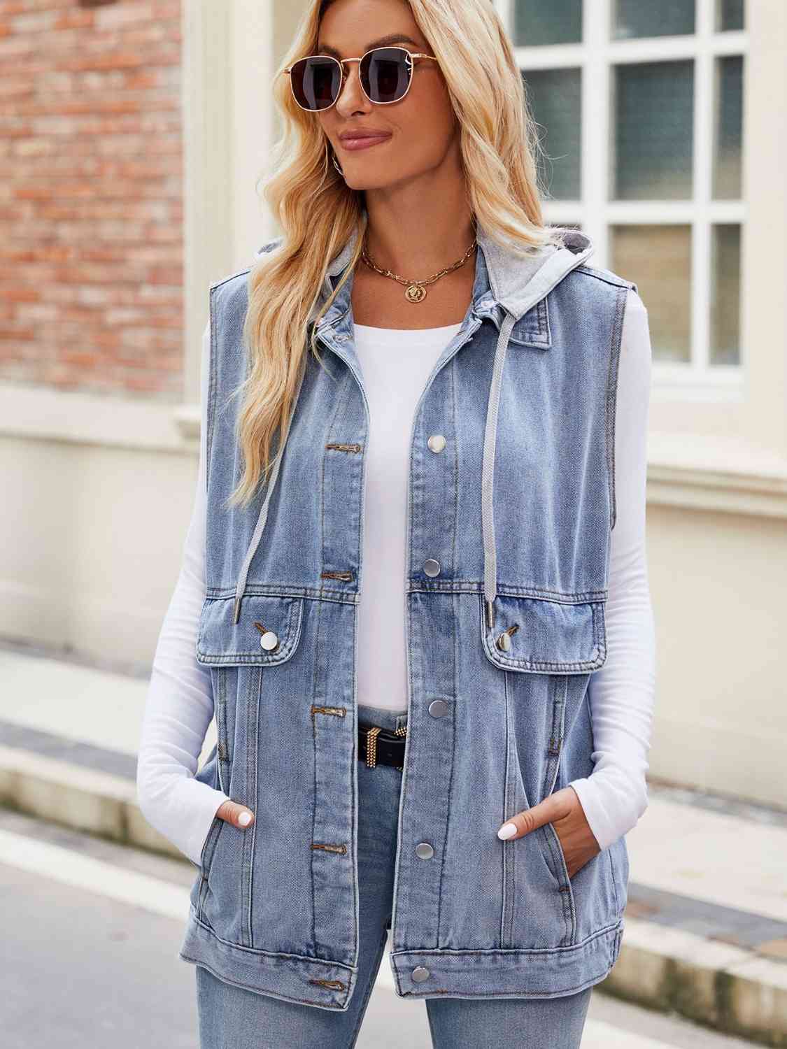 Drawstring Hooded Sleeveless Denim Jacket - TRENDMELO