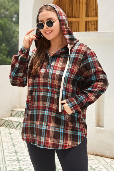 Plus Size Drawstring Plaid Quarter Button Hoodie - TRENDMELO