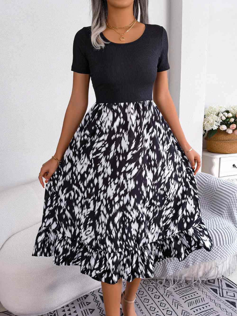 Printed Round Neck Ruffle Hem Dress - TRENDMELO