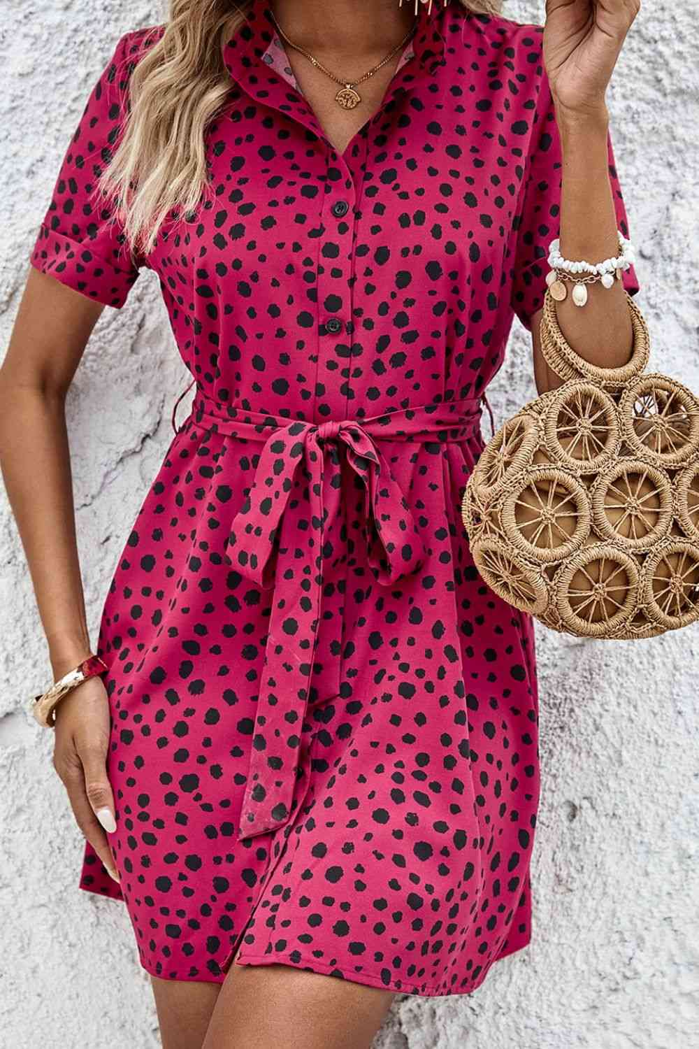 Dotted Short Sleeve Tie Belt Dress - TRENDMELO