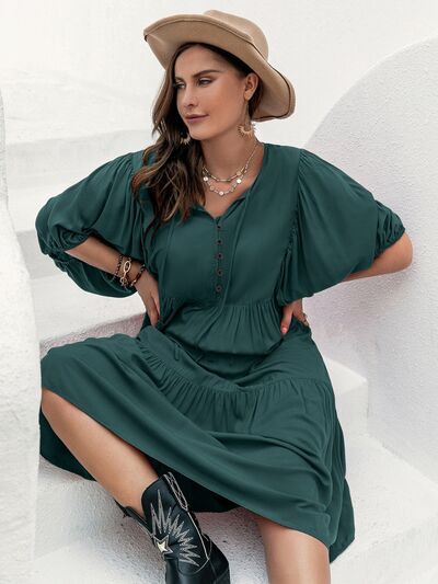 Plus Size Tie Neck Balloon Sleeve Midi Dress - TRENDMELO