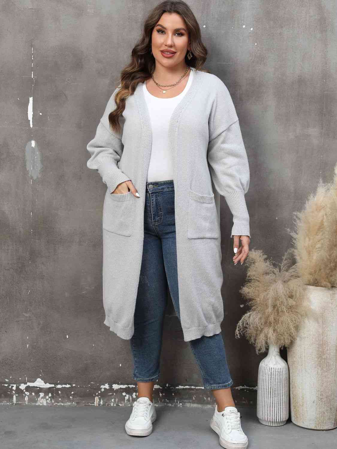 Plus Size Long Sleeve Pocketed Cardigan - TRENDMELO