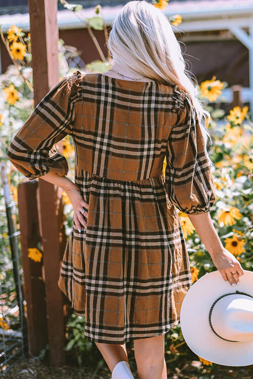 Plaid V-Neck Balloon Sleeve Dress - TRENDMELO