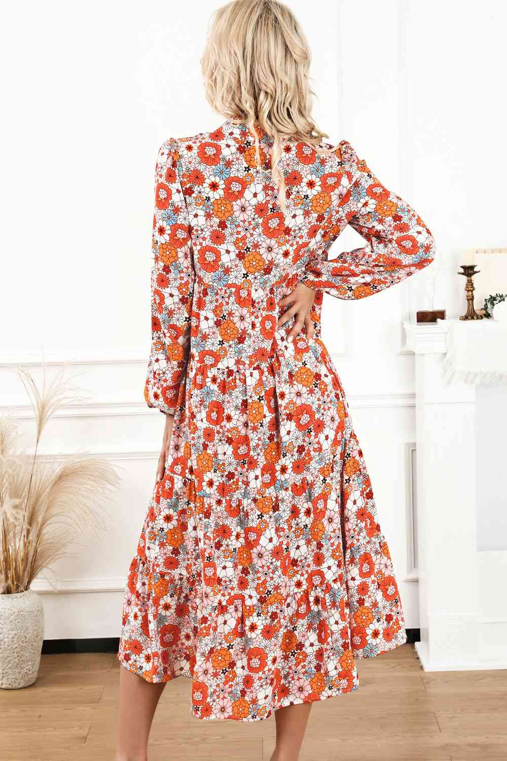 Floral Notched Neck Long Sleeve Dress - TRENDMELO