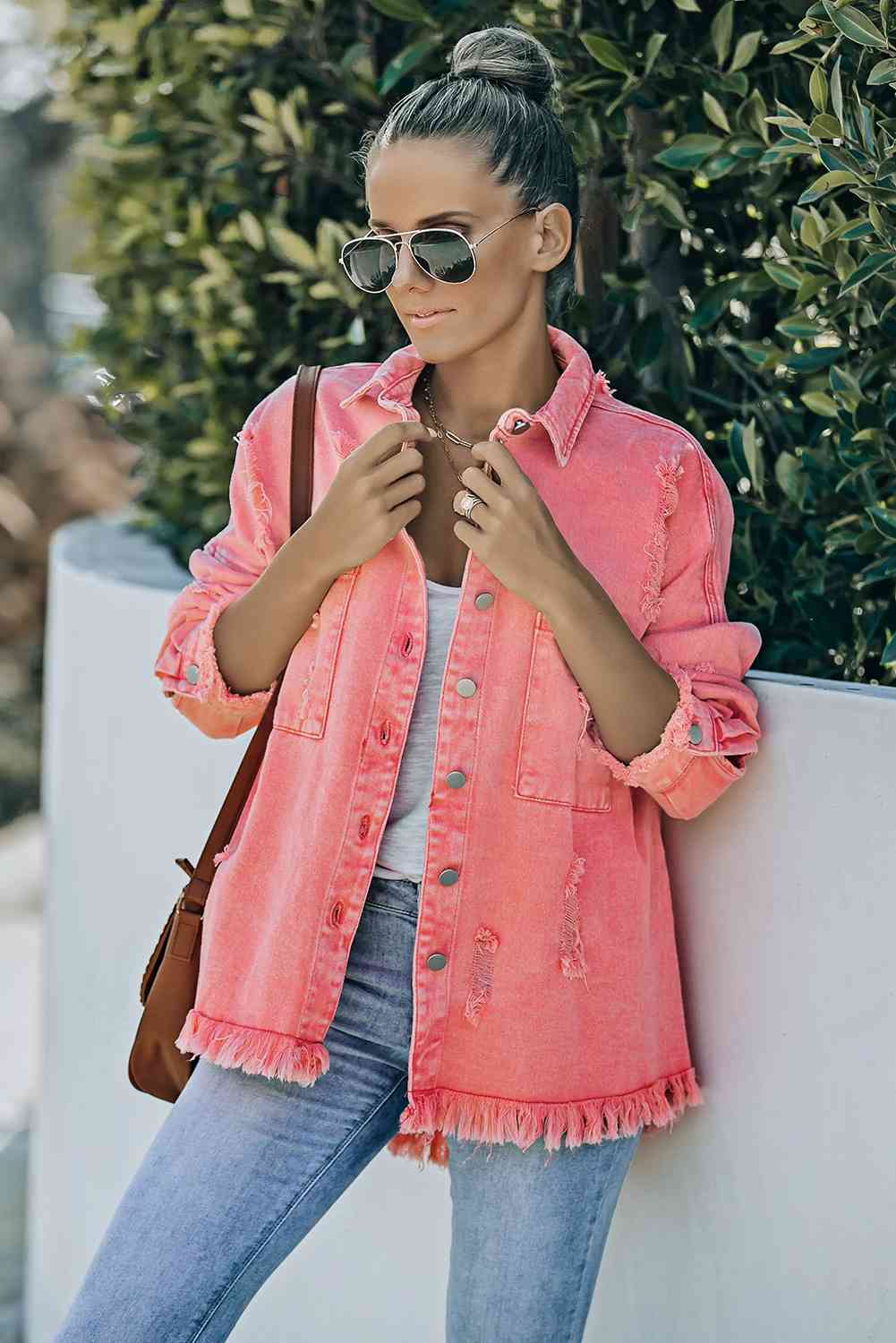 Double Take Distressed Fringe Trim Button Up Jacket - TRENDMELO