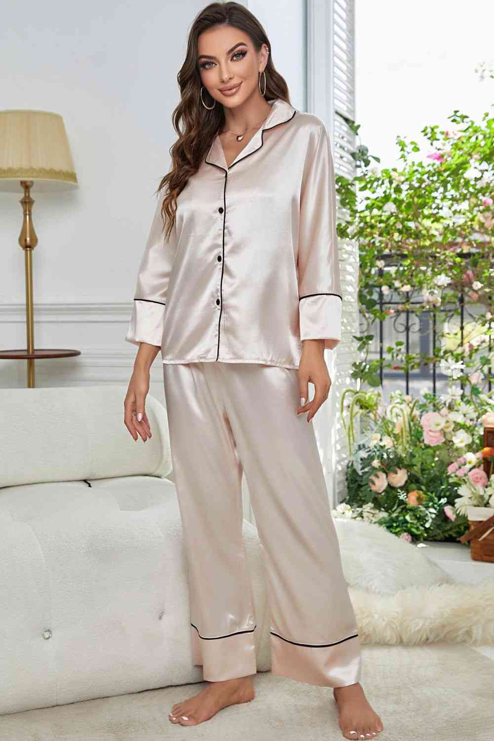 Contrast Piping Button-Up Top and Pants Pajama Set - TRENDMELO