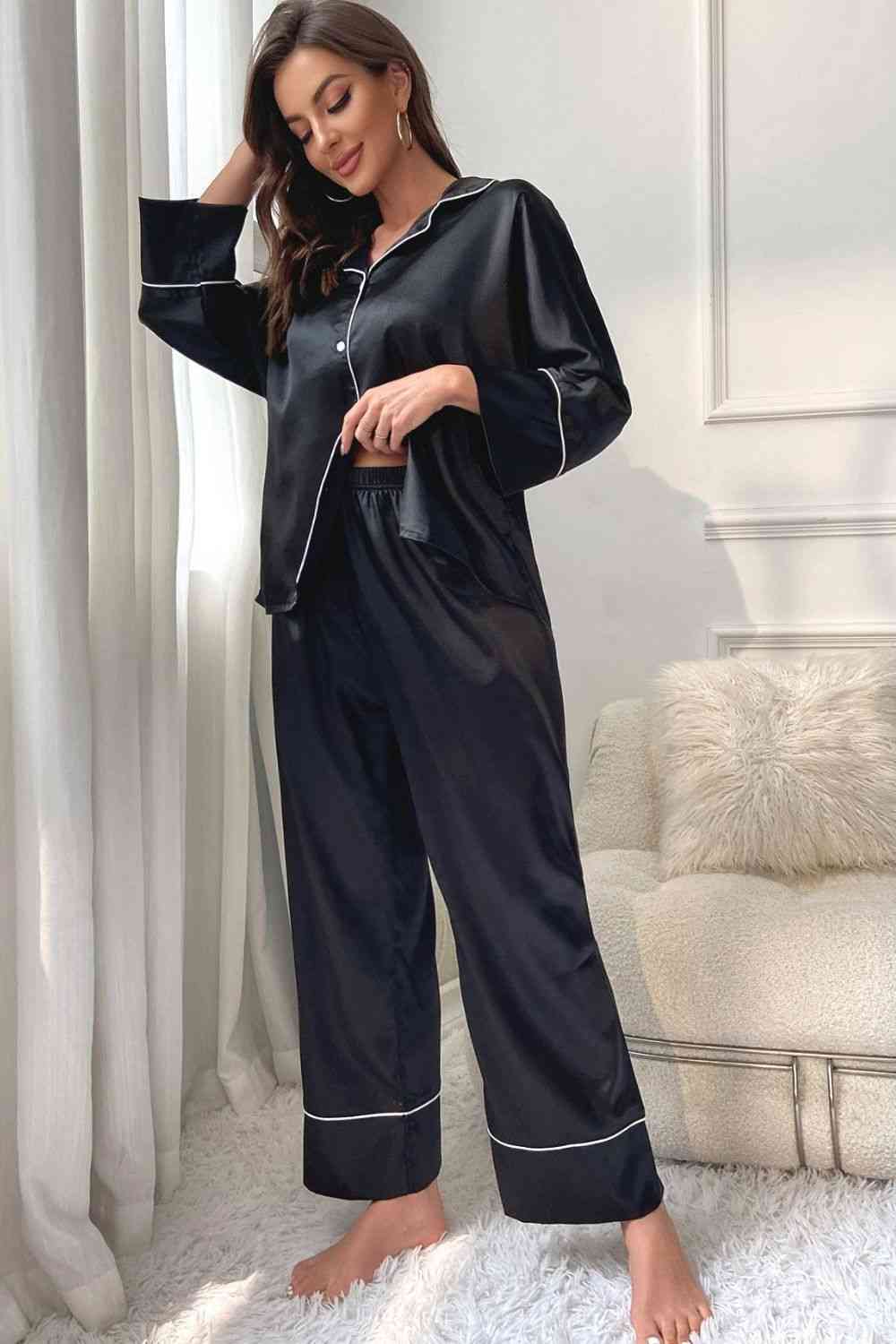 Contrast Piping Button-Up Top and Pants Pajama Set - TRENDMELO