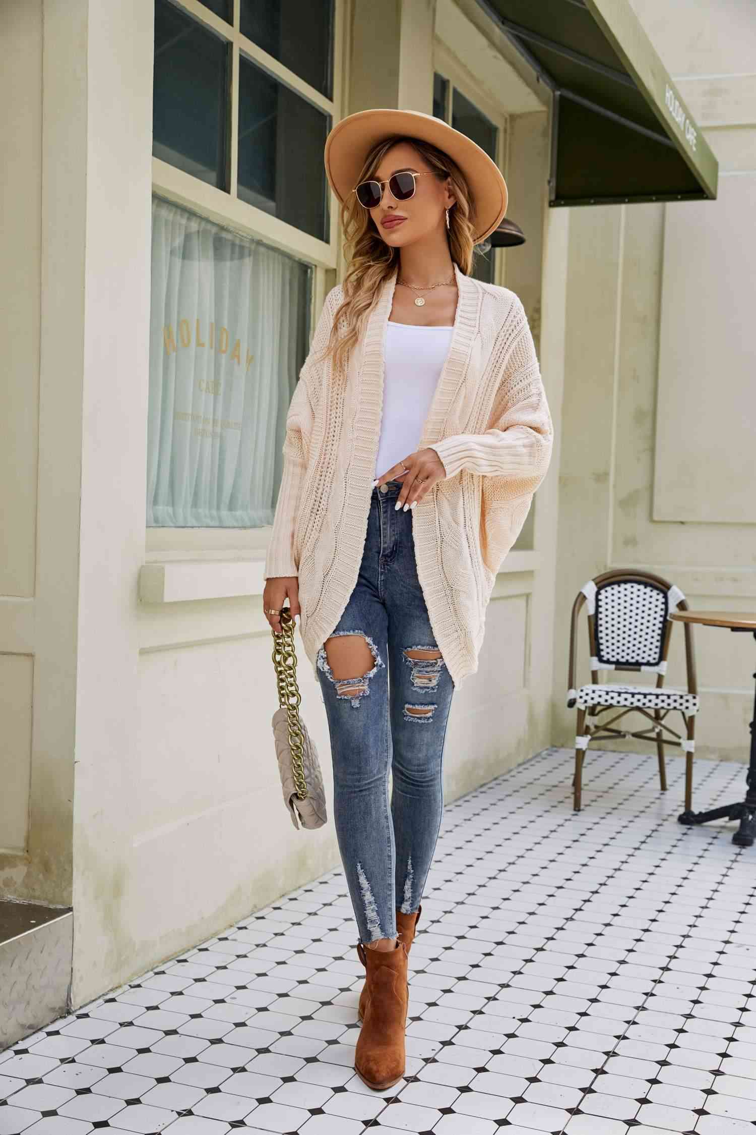 Mixed Knit Open Front Dolman Sleeve Cardigan - TRENDMELO